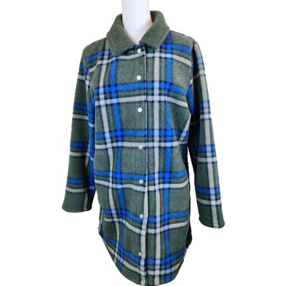 Denim & Co Sherpa Bonded Fleece Jacket Womens Large Green Plaid Snap Button Coat